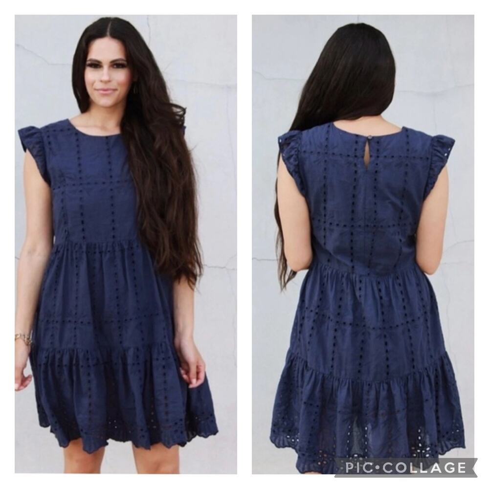 Nursing Queen Navy Blue Cotton Eyelet Dress Size Large